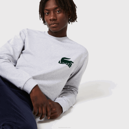 Men Lacoste V0ZN1386 Grey Chine Green Y9K Cotton Fleece Lounge Sweatshirt