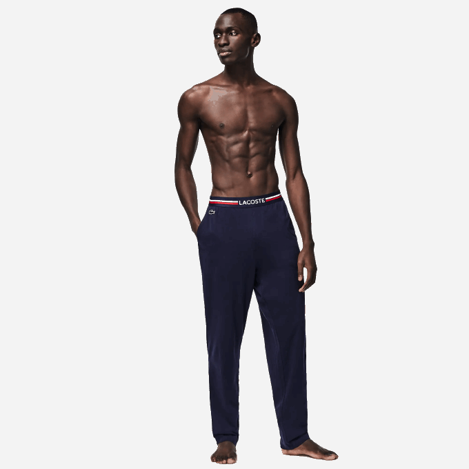 Men Lacoste V0ZN1402 Navy Blue 166 Jersey Three-Tone Waistband Pajama Pants - Image 5