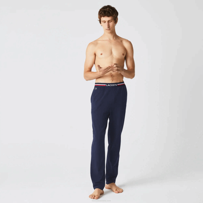 Men Lacoste V0ZN1402 Navy Blue 166 Jersey Three-Tone Waistband Pajama Pants - Image 1
