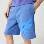 Men Lacoste V0ZN1419 Blue Chine HG3 Oversized Crocodile Print Organic Cotton Fleece Shorts - Image 2