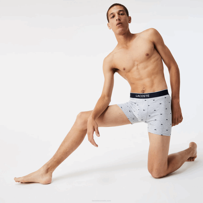 Men Lacoste V0ZN1428 Navy Blue Grey Chine Red W3T Branded Waist Long Stretch Cotton Boxer Brief 3-Pack - Image 2