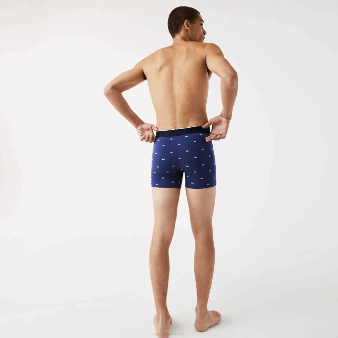 Men Lacoste V0ZN1428 Navy Blue Grey Chine Red W3T Branded Waist Long Stretch Cotton Boxer Brief 3-Pack - Image 3