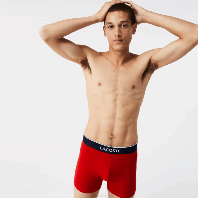 Men Lacoste V0ZN1428 Navy Blue Grey Chine Red W3T Branded Waist Long Stretch Cotton Boxer Brief 3-Pack - Image 4
