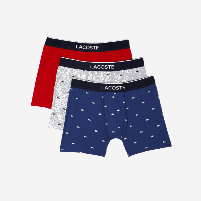 Men Lacoste V0ZN1428 Navy Blue Grey Chine Red W3T Branded Waist Long Stretch Cotton Boxer Brief 3-Pack - Image 5