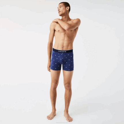 Men Lacoste V0ZN1428 Navy Blue Grey Chine Red W3T Branded Waist Long Stretch Cotton Boxer Brief 3-Pack