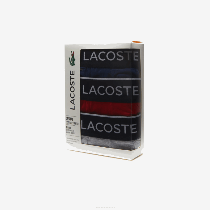 Men Lacoste V0ZN1428 Navy Blue Grey Chine Red W3T Branded Waist Long Stretch Cotton Boxer Brief 3-Pack - Image 6