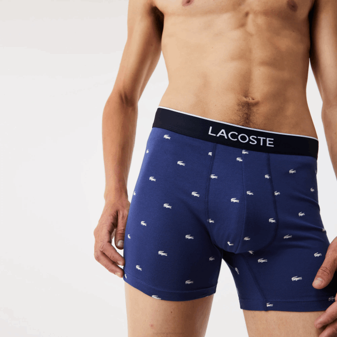 Men Lacoste V0ZN1428 Navy Blue Grey Chine Red W3T Branded Waist Long Stretch Cotton Boxer Brief 3-Pack - Image 7