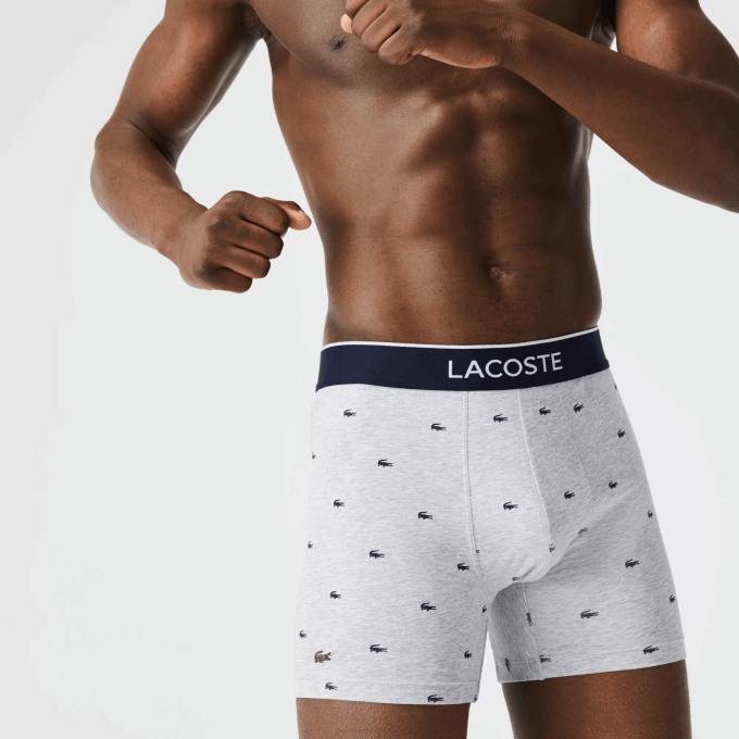Men Lacoste V0ZN1428 Navy Blue Grey Chine Red W3T Branded Waist Long Stretch Cotton Boxer Brief 3-Pack - Image 8