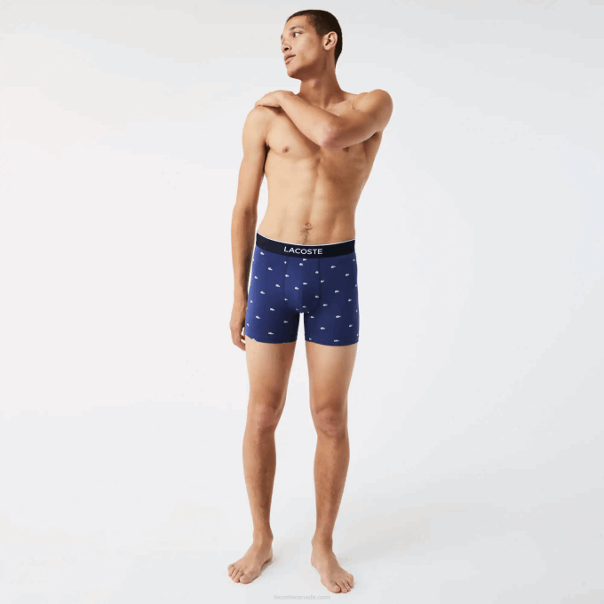 Men Lacoste V0ZN1428 Navy Blue Grey Chine Red W3T Branded Waist Long Stretch Cotton Boxer Brief 3-Pack - Image 1