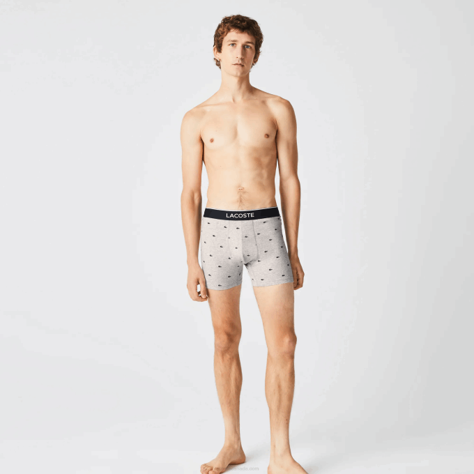 Men Lacoste V0ZN1429 Black Grey Chine VDP Branded Waist Long Stretch Cotton Boxer Brief 3-Pack - Image 2