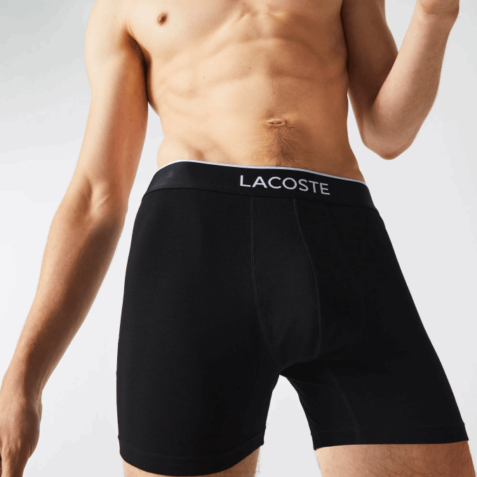 Men Lacoste V0ZN1429 Black Grey Chine VDP Branded Waist Long Stretch Cotton Boxer Brief 3-Pack - Image 4
