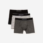 Men Lacoste V0ZN1429 Black Grey Chine VDP Branded Waist Long Stretch Cotton Boxer Brief 3-Pack - Image 5