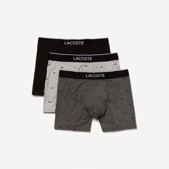 Men Lacoste V0ZN1429 Black Grey Chine VDP Branded Waist Long Stretch Cotton Boxer Brief 3-Pack - Image 5