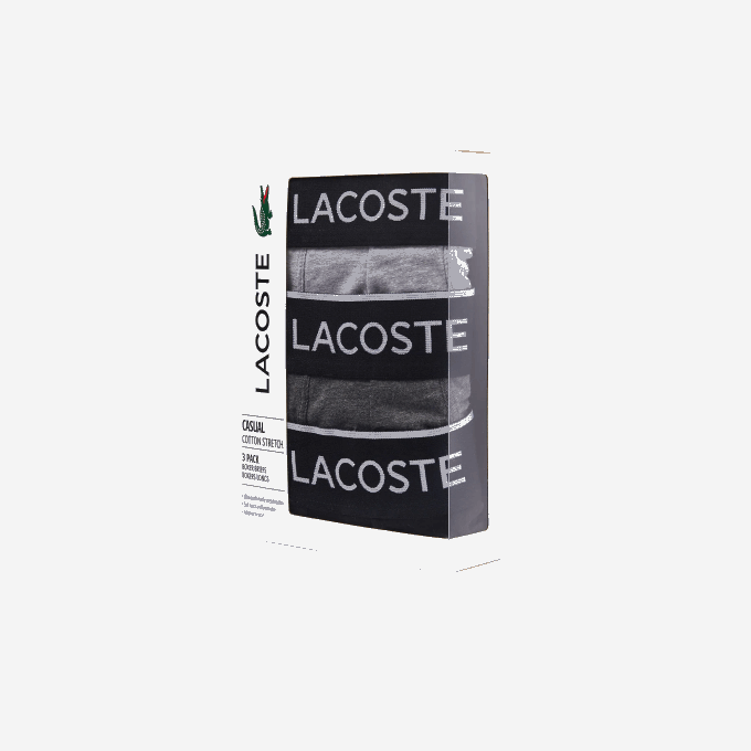 Men Lacoste V0ZN1429 Black Grey Chine VDP Branded Waist Long Stretch Cotton Boxer Brief 3-Pack - Image 6