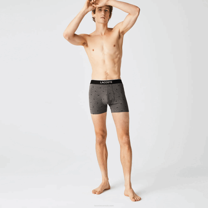 Men Lacoste V0ZN1429 Black Grey Chine VDP Branded Waist Long Stretch Cotton Boxer Brief 3-Pack - Image 7
