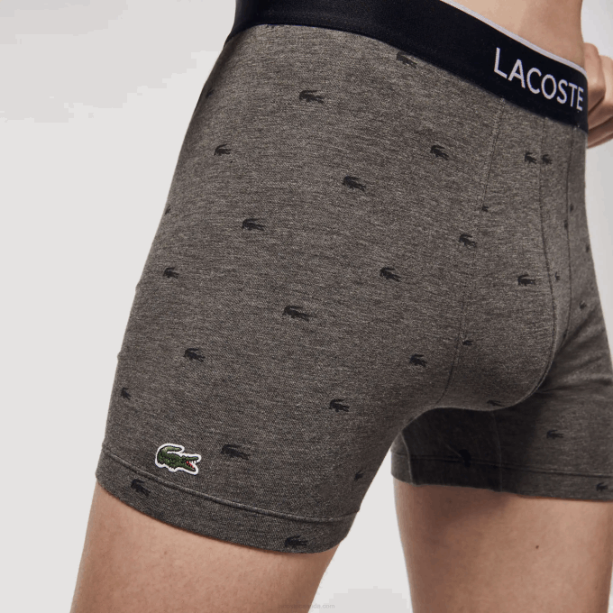 Men Lacoste V0ZN1429 Black Grey Chine VDP Branded Waist Long Stretch Cotton Boxer Brief 3-Pack - Image 9