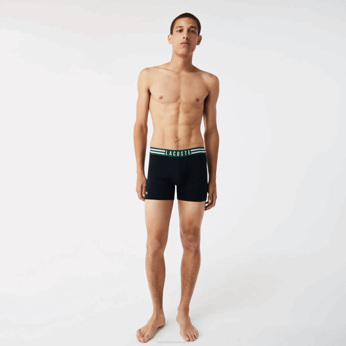 Men Lacoste V0ZN1434 Grey Chine White Navy Blue TYA Striped Waist Long Stretch Cotton Boxer Brief 3-Pack - Image 2