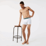 Men Lacoste V0ZN1434 Grey Chine White Navy Blue TYA Striped Waist Long Stretch Cotton Boxer Brief 3-Pack