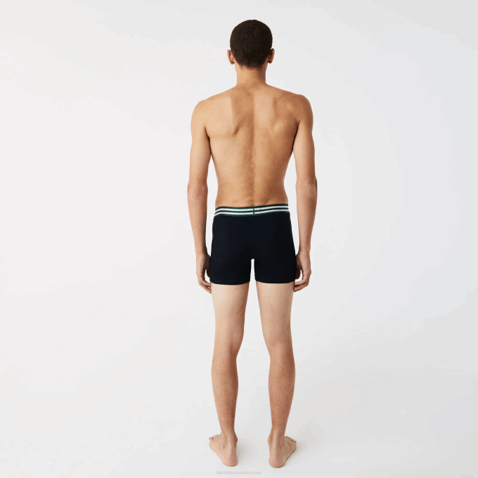 Men Lacoste V0ZN1434 Grey Chine White Navy Blue TYA Striped Waist Long Stretch Cotton Boxer Brief 3-Pack - Image 3