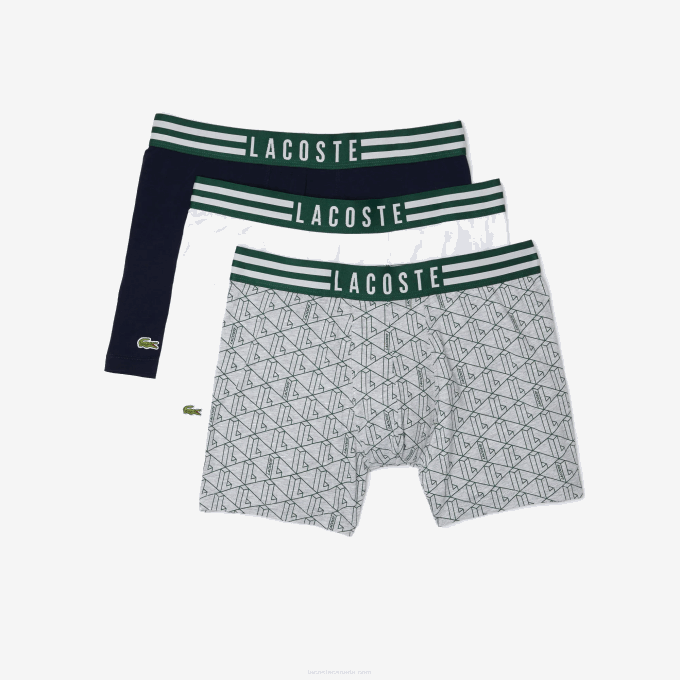 Men Lacoste V0ZN1434 Grey Chine White Navy Blue TYA Striped Waist Long Stretch Cotton Boxer Brief 3-Pack - Image 4