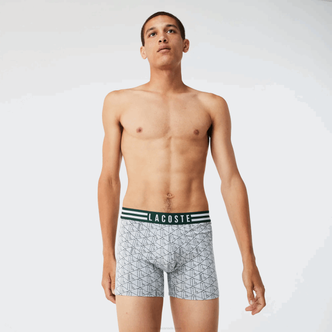 Men Lacoste V0ZN1434 Grey Chine White Navy Blue TYA Striped Waist Long Stretch Cotton Boxer Brief 3-Pack - Image 5