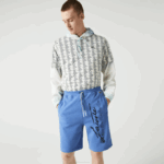 Men Lacoste V0ZN1435 Blue Chine HG3 Signature Print Cotton Fleece Shorts