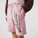 Men Lacoste V0ZN1436 Pink HCQ Signature Print Cotton Fleece Shorts - Image 2