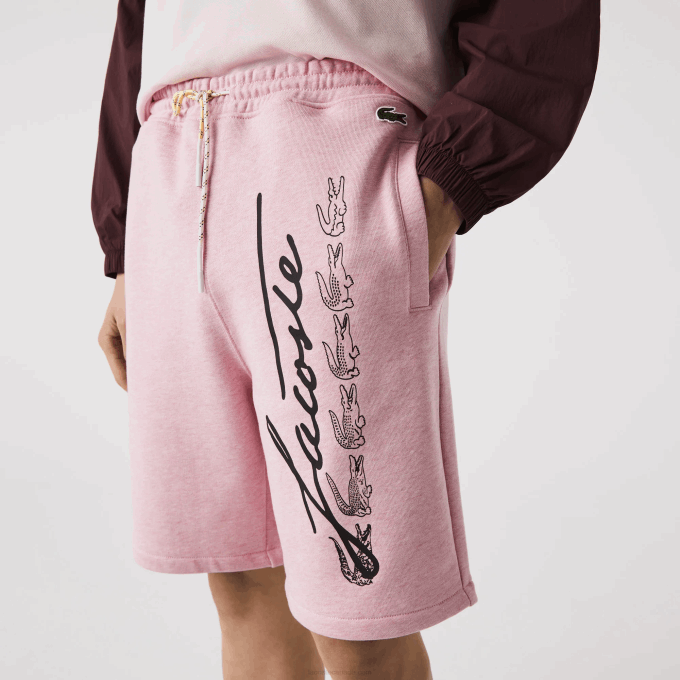 Men Lacoste V0ZN1436 Pink HCQ Signature Print Cotton Fleece Shorts - Image 2