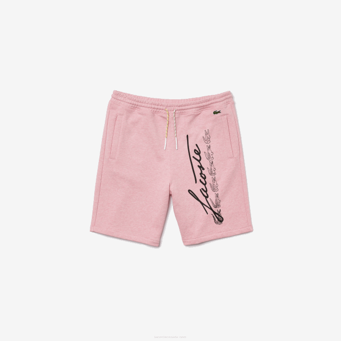 Men Lacoste V0ZN1436 Pink HCQ Signature Print Cotton Fleece Shorts - Image 3
