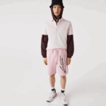 Men Lacoste V0ZN1436 Pink HCQ Signature Print Cotton Fleece Shorts - Image 4