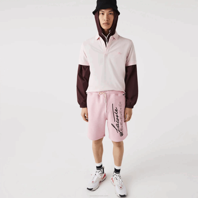 Men Lacoste V0ZN1436 Pink HCQ Signature Print Cotton Fleece Shorts - Image 4