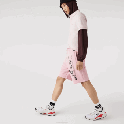 Men Lacoste V0ZN1436 Pink HCQ Signature Print Cotton Fleece Shorts