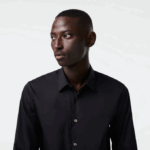 Men Lacoste V0ZN1437 Black 031 Slim Fit French Collar Cotton Poplin Shirt - Image 2