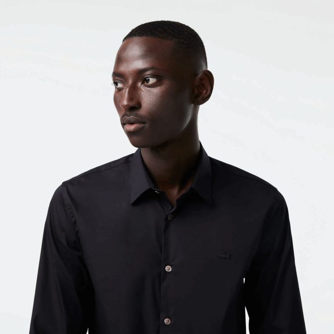 Men Lacoste V0ZN1437 Black 031 Slim Fit French Collar Cotton Poplin Shirt - Image 2