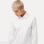 Men Lacoste V0ZN1438 White 001 Slim Fit French Collar Cotton Poplin Shirt - Image 2