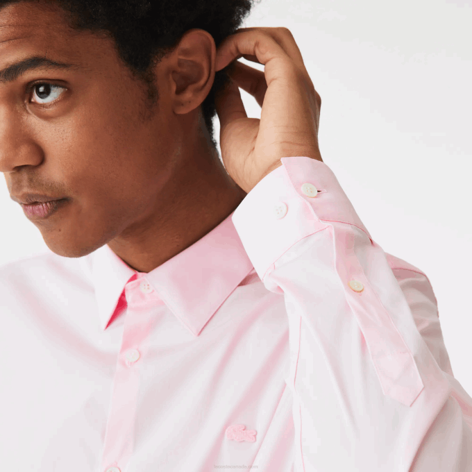 Men Lacoste V0ZN1440 Light Pink ADY Slim Fit French Collar Cotton Poplin Shirt - Image 6