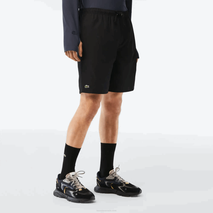 Men Lacoste V0ZN1443 Black 031 SPORT Tennis Solid Diamond Weave Shorts - Image 2