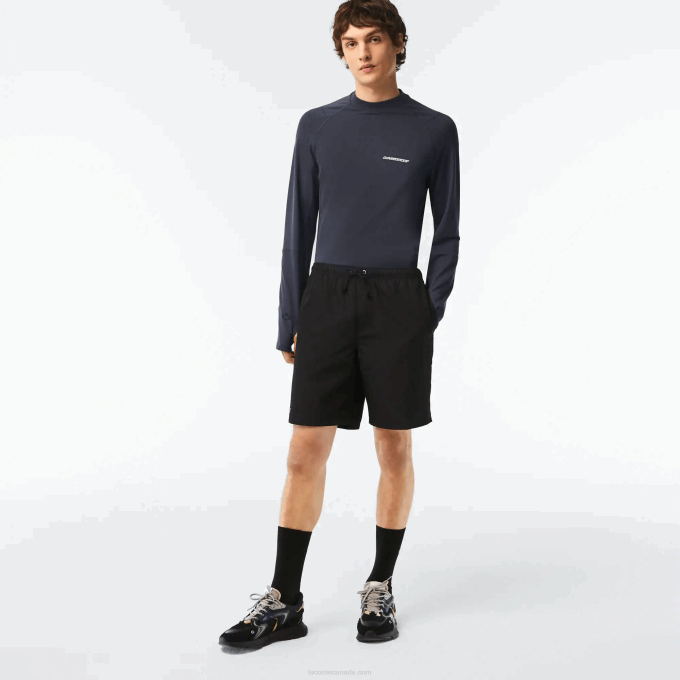 Men Lacoste V0ZN1443 Black 031 SPORT Tennis Solid Diamond Weave Shorts - Image 1