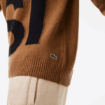 Men Lacoste V0ZN1448 Brown Black XP9 Classic Fit Contrast Lettering Wool Sweater - Image 4