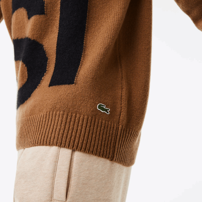 Men Lacoste V0ZN1448 Brown Black XP9 Classic Fit Contrast Lettering Wool Sweater - Image 4