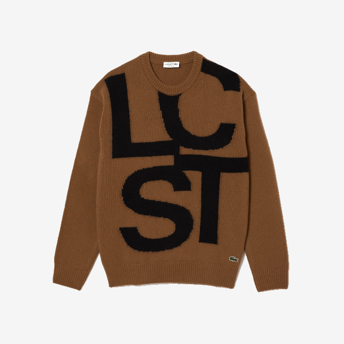 Men Lacoste V0ZN1448 Brown Black XP9 Classic Fit Contrast Lettering Wool Sweater - Image 5