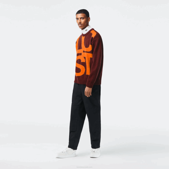 Men Lacoste V0ZN1449 Bordeaux Orange 7H7 Classic Fit Contrast Lettering Wool Sweater - Image 2