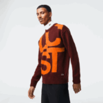Men Lacoste V0ZN1449 Bordeaux Orange 7H7 Classic Fit Contrast Lettering Wool Sweater