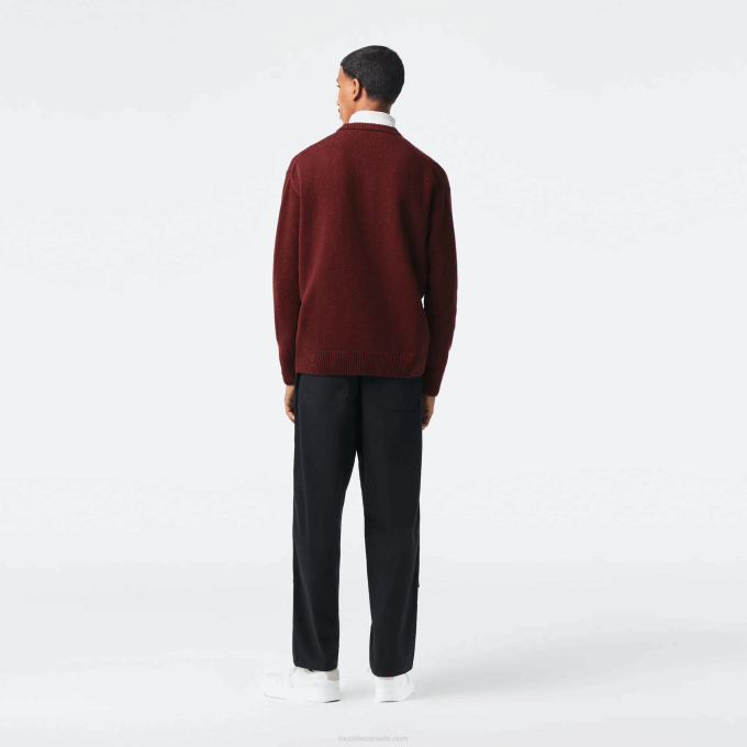 Men Lacoste V0ZN1449 Bordeaux Orange 7H7 Classic Fit Contrast Lettering Wool Sweater - Image 3