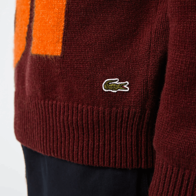 Men Lacoste V0ZN1449 Bordeaux Orange 7H7 Classic Fit Contrast Lettering Wool Sweater - Image 4