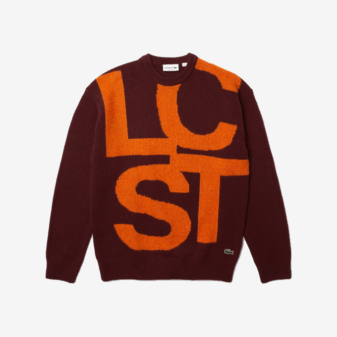 Men Lacoste V0ZN1449 Bordeaux Orange 7H7 Classic Fit Contrast Lettering Wool Sweater - Image 5