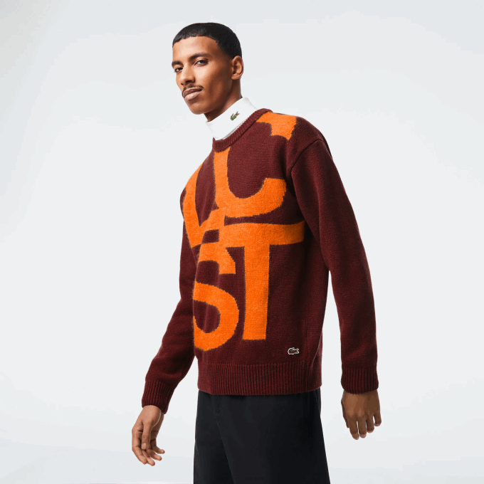 Men Lacoste V0ZN1449 Bordeaux Orange 7H7 Classic Fit Contrast Lettering Wool Sweater - Image 1
