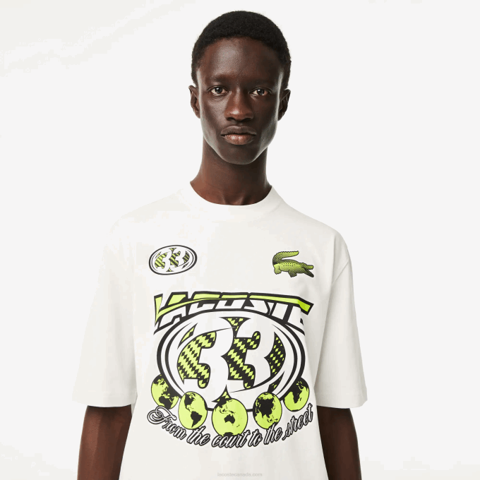 Men Lacoste V0ZN144 White 70V Loose Fit Cotton Jersey Print T-Shirt - Image 2