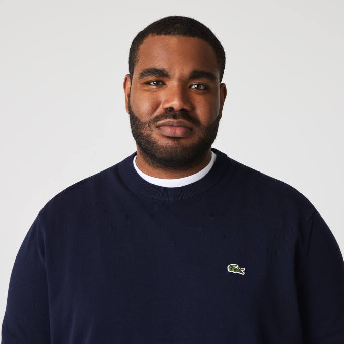 Men Lacoste V0ZN1451 Navy Blue 166 Organic Cotton Crew Neck Sweater - Image 2