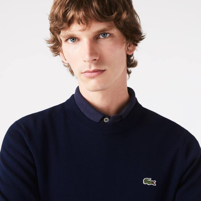 Men Lacoste V0ZN1451 Navy Blue 166 Organic Cotton Crew Neck Sweater - Image 1